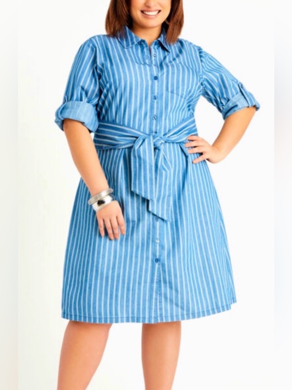 Ashley Stewart Blue Striped Shirt Dress with Tie Waist & Rolled Sleeves Size 14